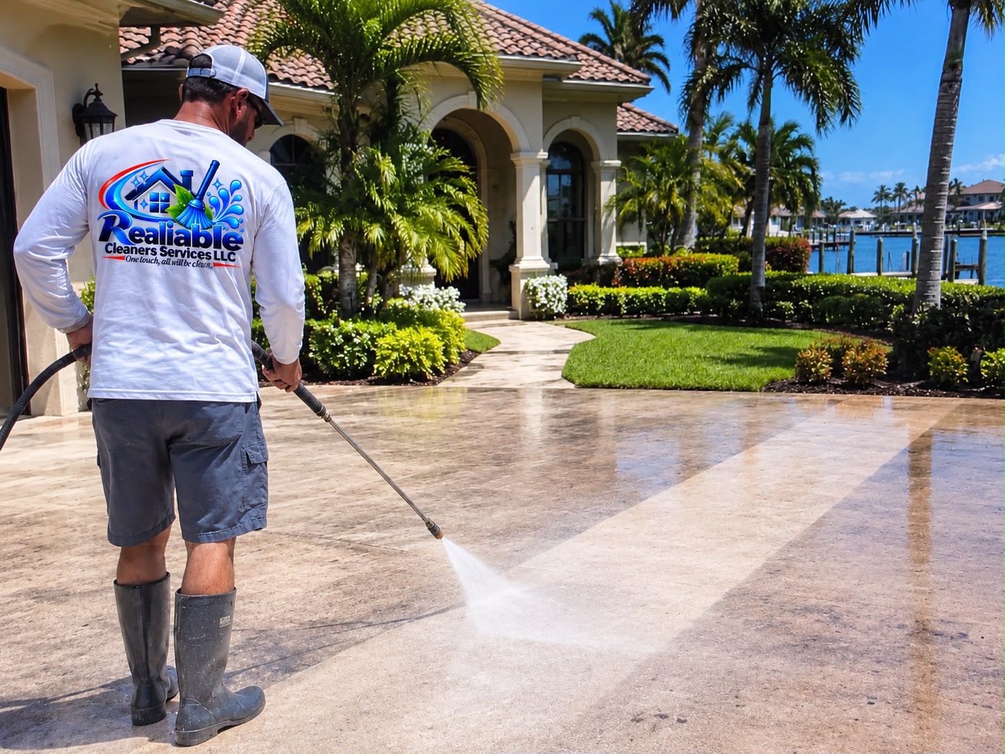 Realiable Cleaners team pressure washing a Naples driveway